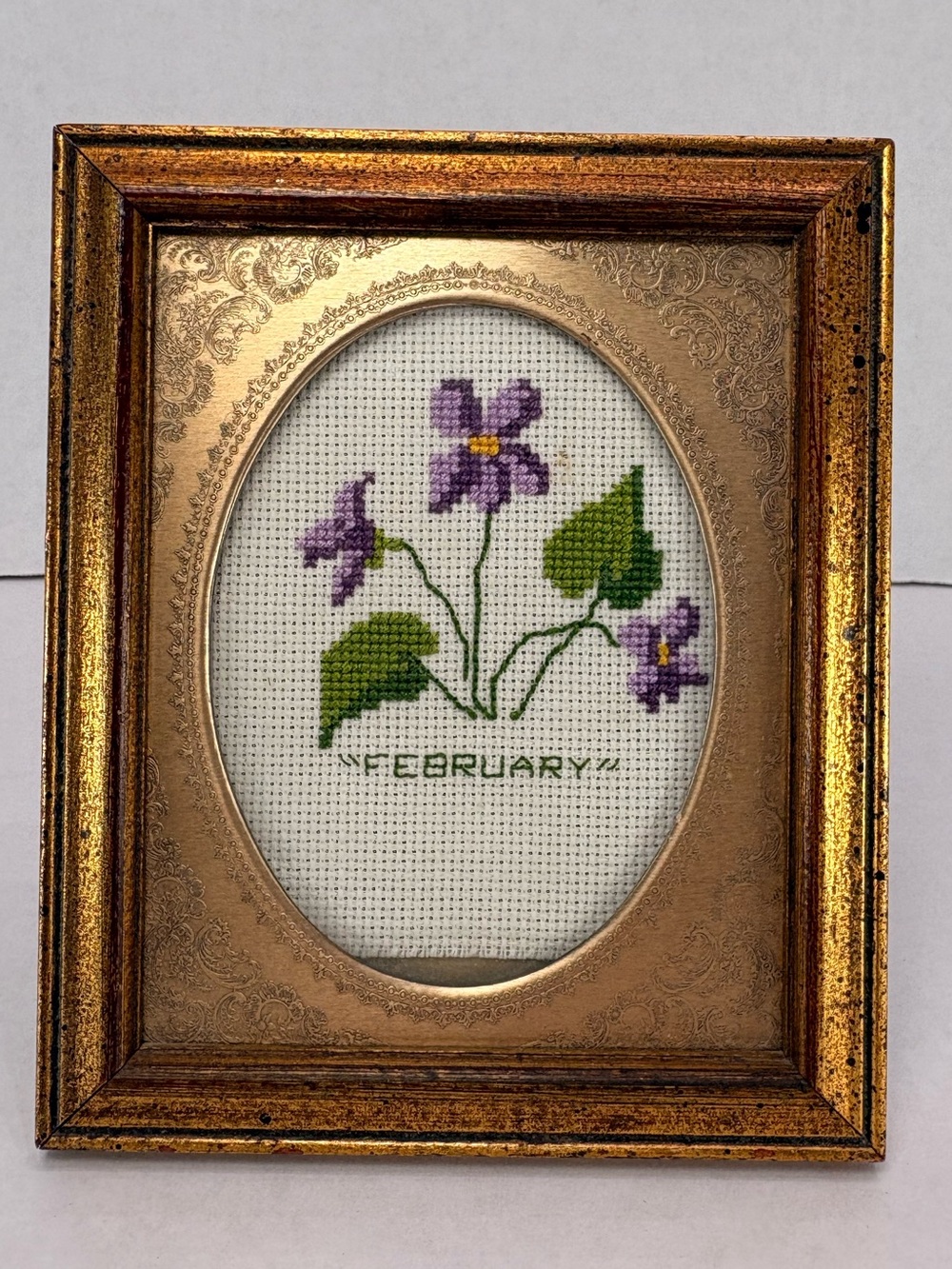 💜 Vintage February Violet Cross Stitch – Framed Floral Birth Month Needlepoint